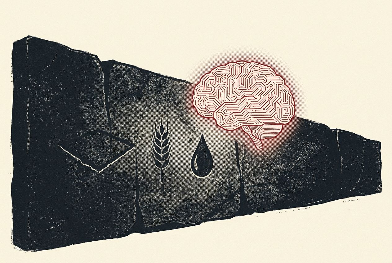 A glowing AI brain pressing against a stone wall carved with symbols of land, wheat and fuel