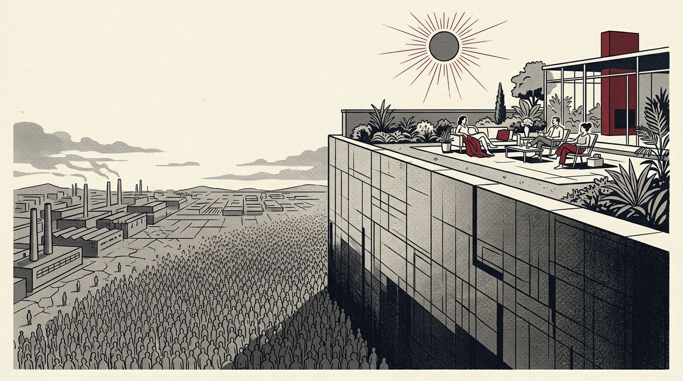 A divided landscape: a small group in a sunlit estate above, a vast grey crowd below