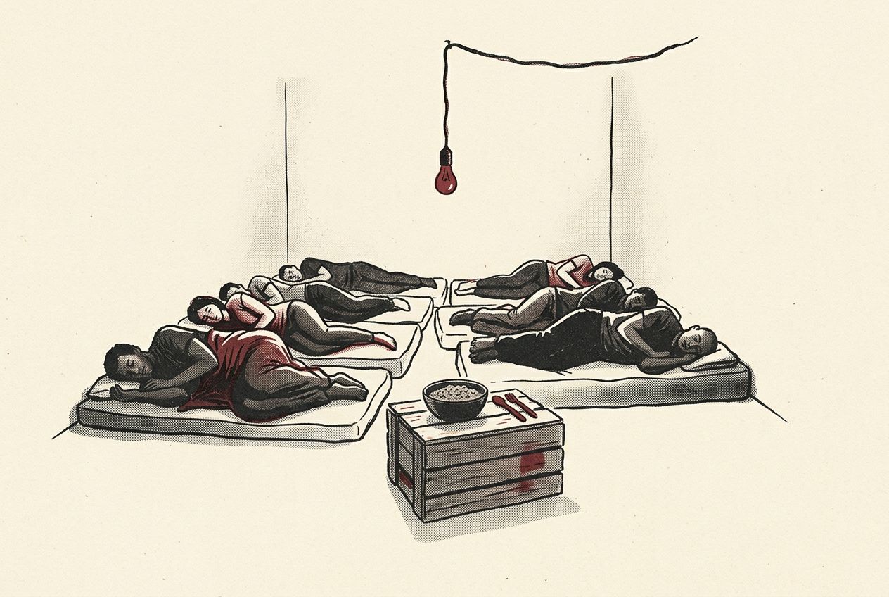 A crowded single room with many people on mattresses and a single bowl of food