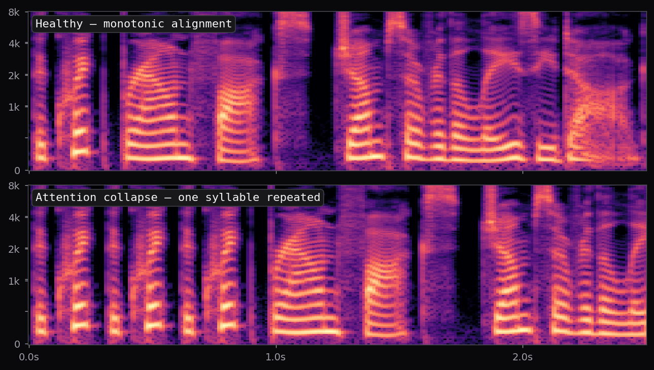 Mel spectrogram: healthy monotonic alignment on top; attention collapse on bottom with one syllable repeated three times in place.