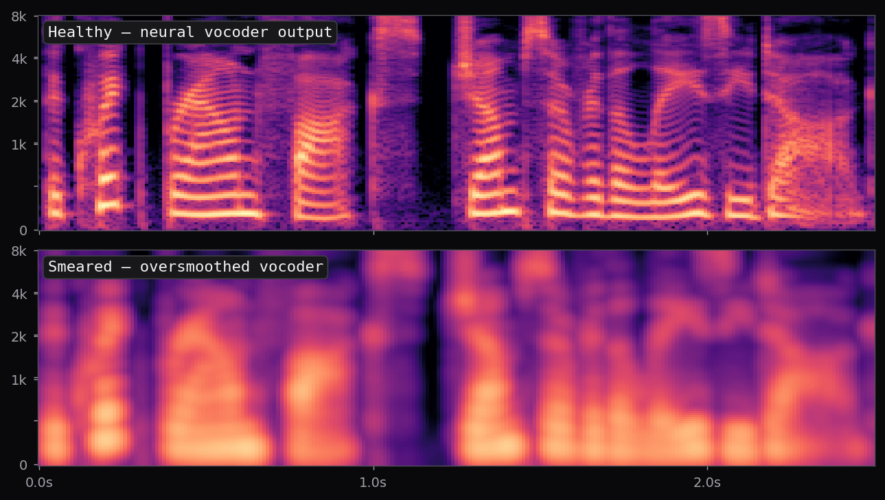 Mel spectrogram: healthy neural vocoder output on top with crisp harmonic stripes; oversmoothed vocoder output on bottom with fogged, low-contrast harmonics.