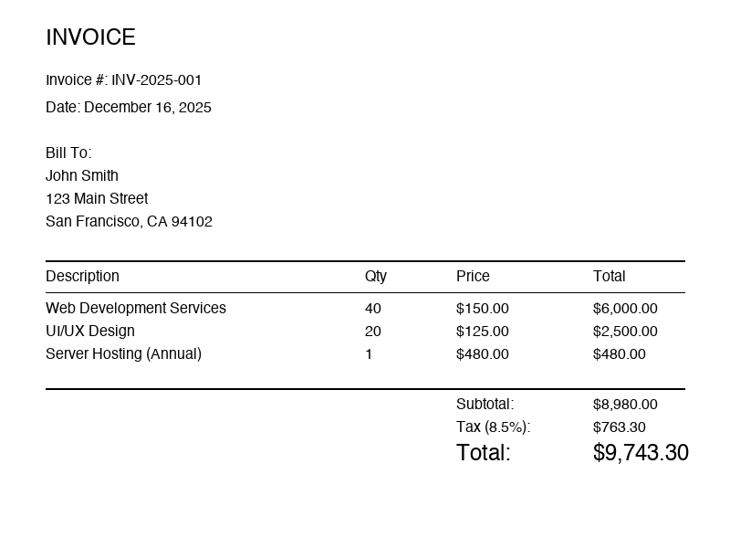 Sample invoice used for OCR testing